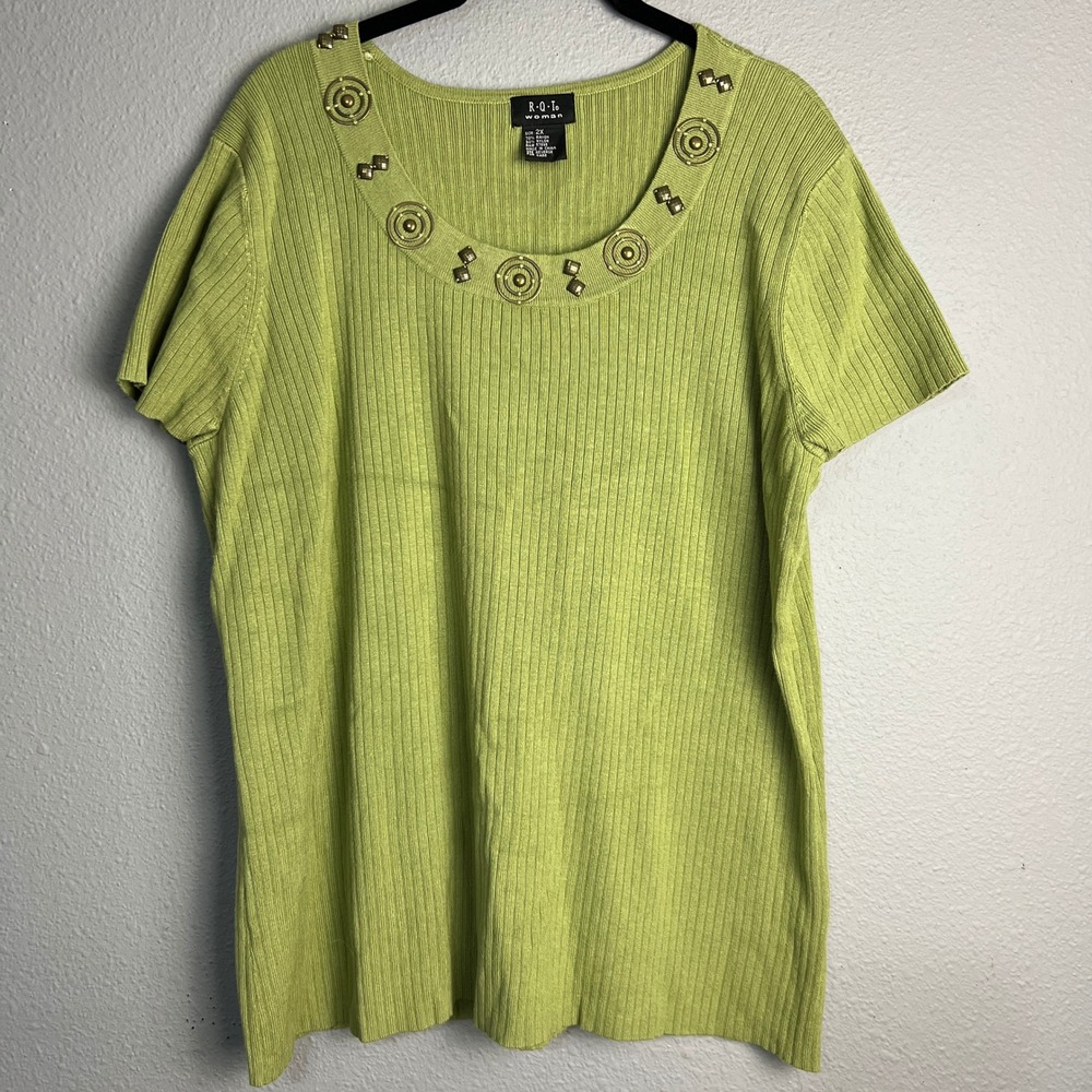 R.Q.T. Ribbed Sweater Knit Top Embellished Neck Short SL Casual Career Green 2X